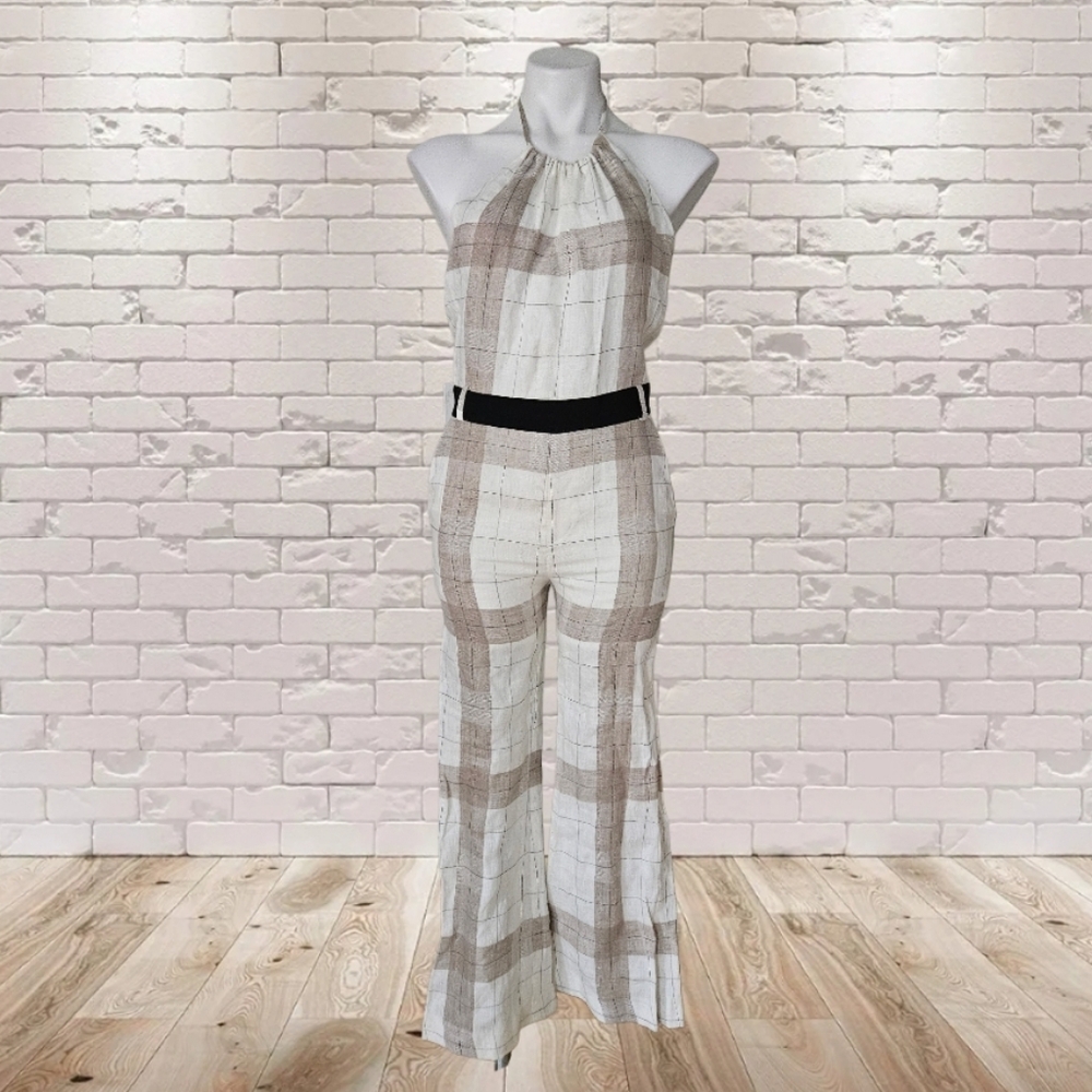 LAVEER Halter Neck  Linen Plaid Jumpsuit - White and Brown